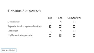 HAZARDS ASSESSMENT:
Slide No.: 23 of 40
YES NO UNKNOWN
Genotoxicant   
Reproductive developmental toxicant   
Carcinogen   
Highly sensitizing potential   
 
