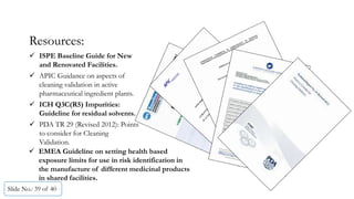 Resources:
Slide No.: 39 of 40
 ISPE Baseline Guide for New
and Renovated Facilities.
 APIC Guidance on aspects of
cleaning validation in active
pharmaceutical ingredient plants.
 ICH Q3C(R5) Impurities:
Guideline for residual solvents.
 PDA TR 29 (Revised 2012): Points
to consider for Cleaning
Validation.
 EMEA Guideline on setting health based
exposure limits for use in risk identification in
the manufacture of different medicinal products
in shared facilities.
 