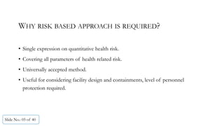 WHY RISK BASED APPROACH IS REQUIRED?
• Single expression on quantitative health risk.
• Covering all parameters of health related risk.
• Universally accepted method.
• Useful for considering facility design and containments, level of personnel
protection required.
Slide No.: 05 of 40
 