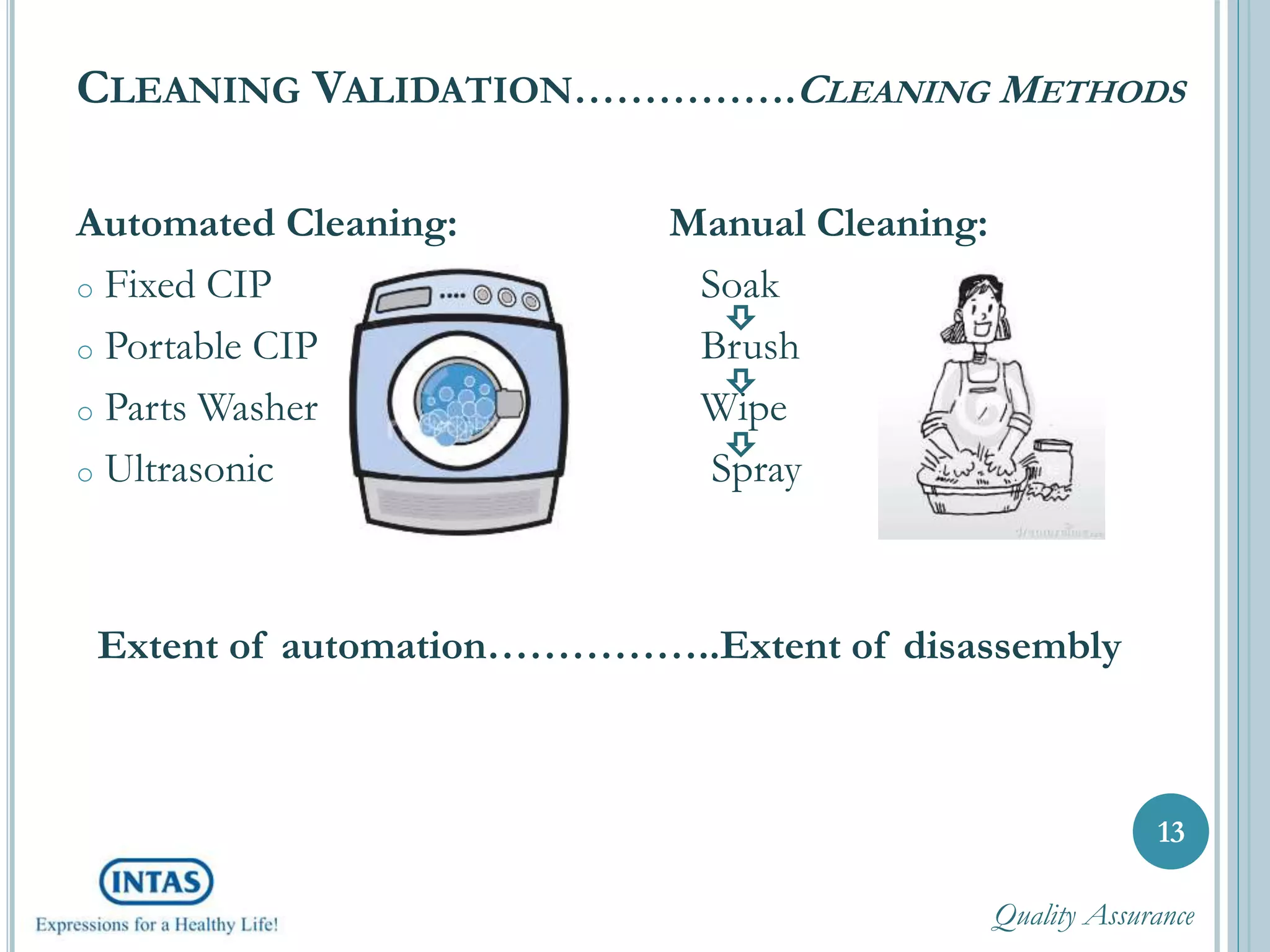 CLEANING VALIDATION…………….CLEANING METHODS
Automated Cleaning:
o Fixed CIP
o Portable CIP
o Parts Washer
o Ultrasonic
13
Manual Cleaning:
Soak
Brush
Wipe
Spray
Extent of automation……………..Extent of disassembly
Quality Assurance
 