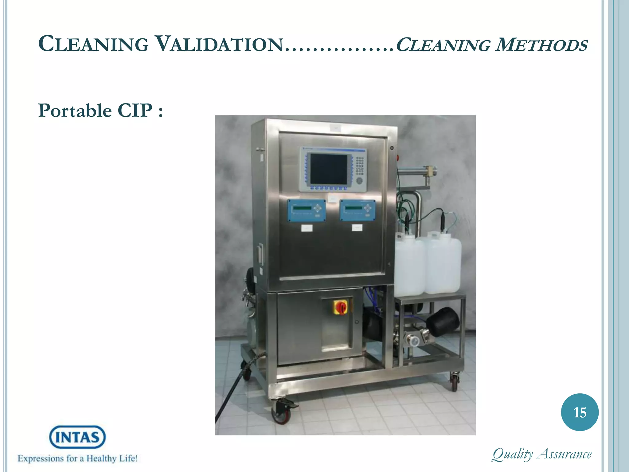 CLEANING VALIDATION…………….CLEANING METHODS
Portable CIP :
15
Quality Assurance
 