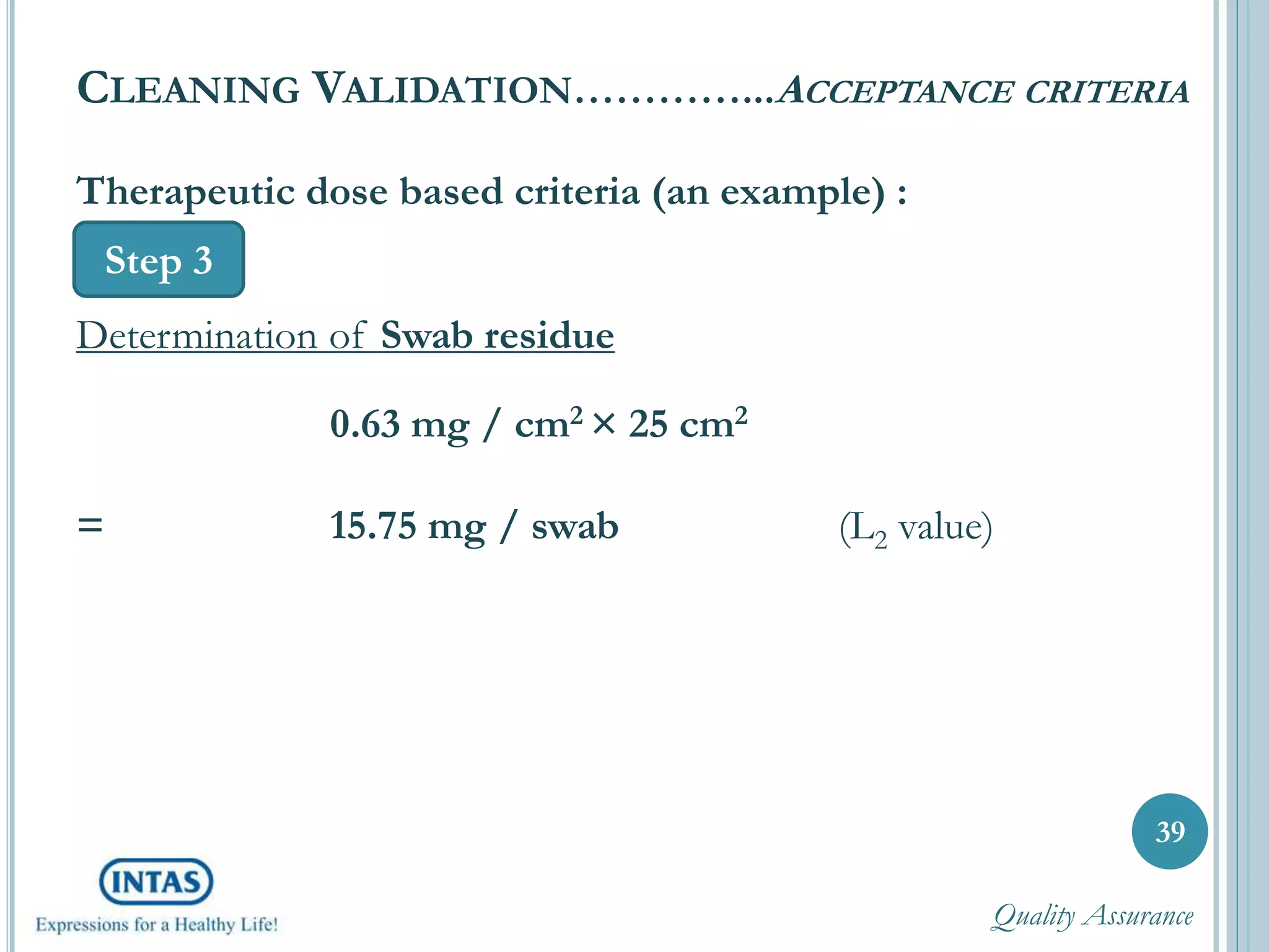39
CLEANING VALIDATION…………...ACCEPTANCE CRITERIA
Step 3
Therapeutic dose based criteria (an example) :
Determination of Swab residue
0.63 mg / cm2 × 25 cm2
= 15.75 mg / swab (L2 value)
Quality Assurance
 