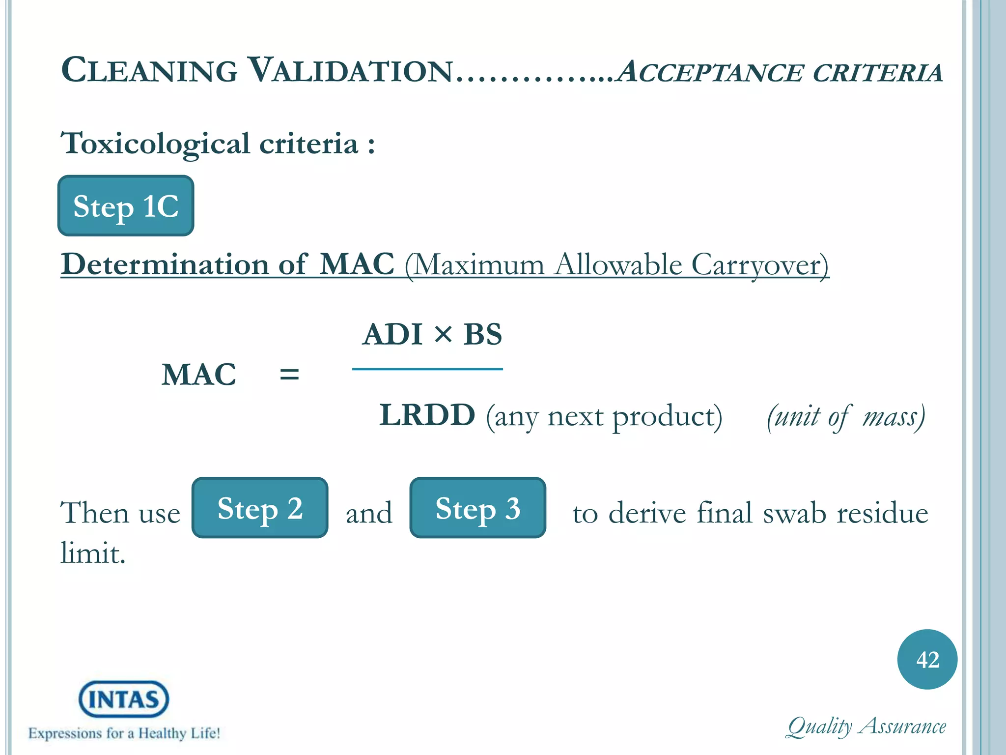Toxicological criteria :
Determination of MAC (Maximum Allowable Carryover)
ADI × BS
MAC =
LRDD (any next product) (unit of mass)
Then use and to derive final swab residue
limit.
42
CLEANING VALIDATION…………...ACCEPTANCE CRITERIA
Step 1C
Step 2 Step 3
Quality Assurance
 