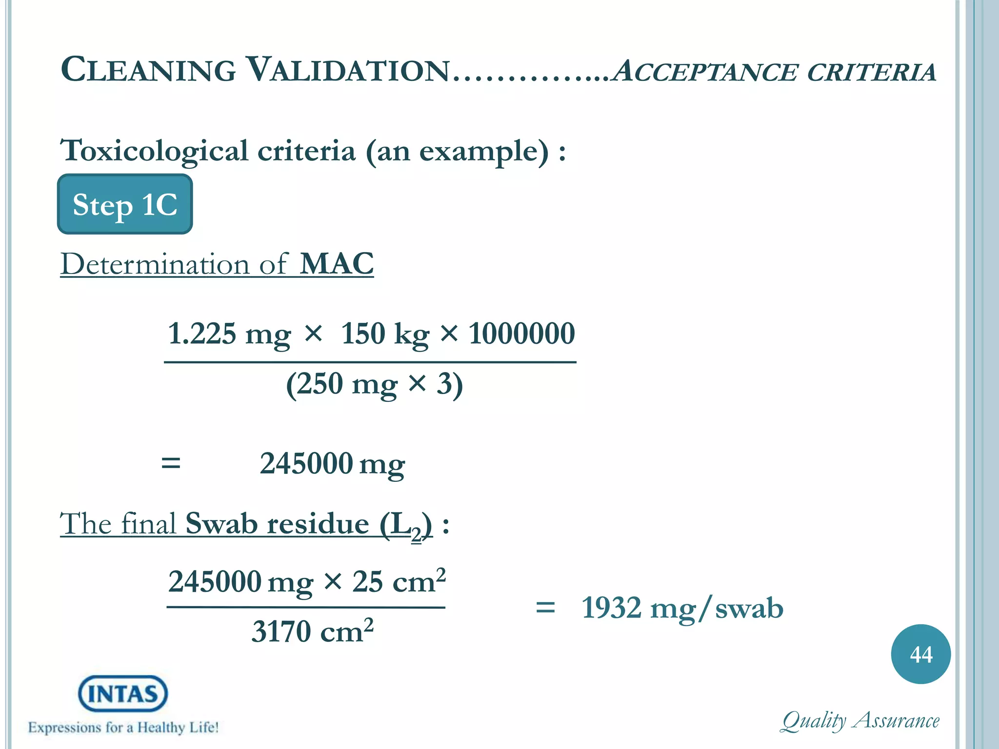 44
CLEANING VALIDATION…………...ACCEPTANCE CRITERIA
Step 1C
Toxicological criteria (an example) :
Determination of MAC
1.225 mg × 150 kg × 1000000
(250 mg × 3)
= 245000 mg
The final Swab residue (L2) :
245000 mg × 25 cm2
3170 cm2
= 1932 mg/swab
Quality Assurance
 
