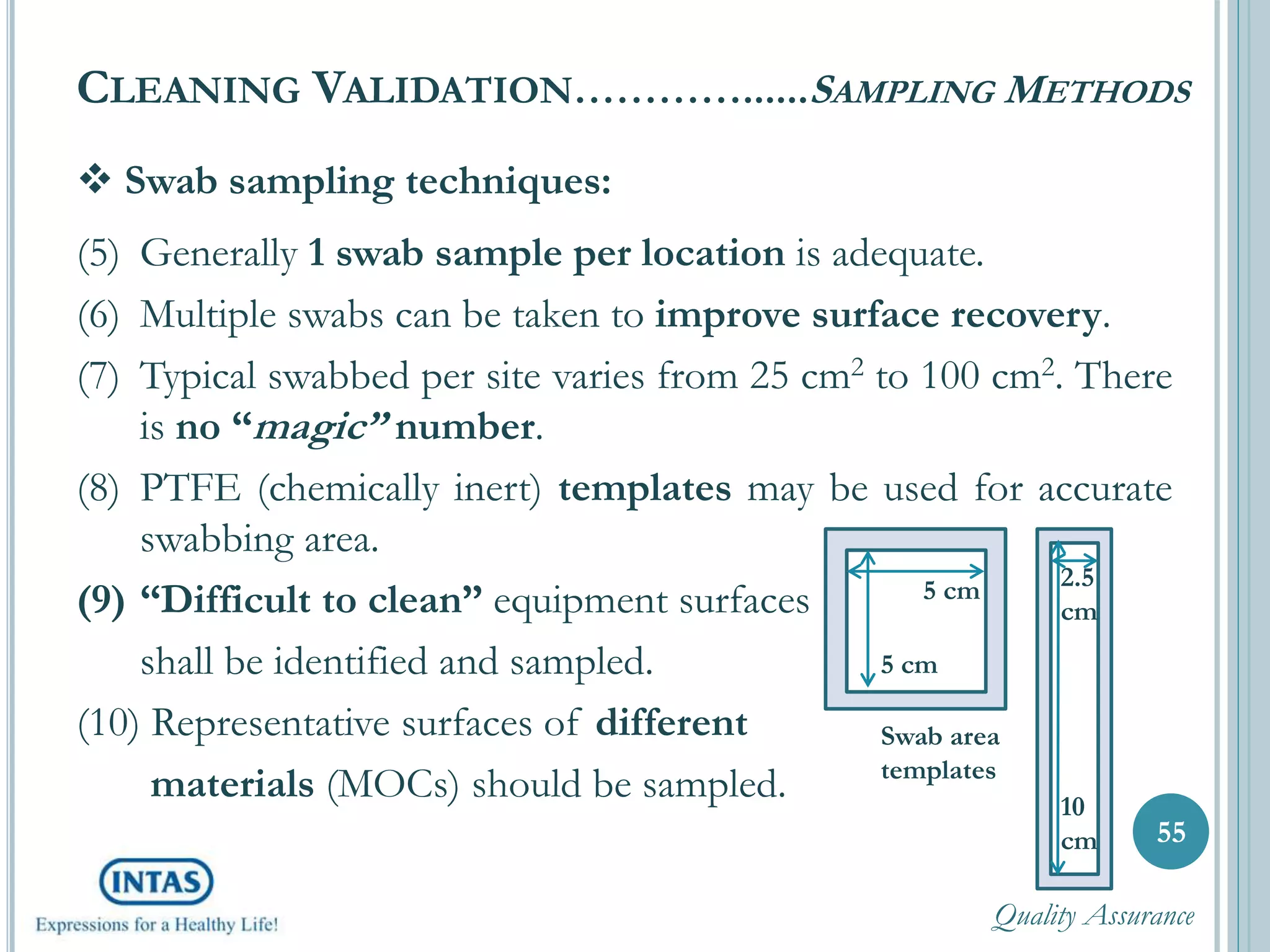  Swab sampling techniques:
(5) Generally 1 swab sample per location is adequate.
(6) Multiple swabs can be taken to improve surface recovery.
(7) Typical swabbed per site varies from 25 cm2 to 100 cm2. There
is no “magic” number.
(8) PTFE (chemically inert) templates may be used for accurate
swabbing area.
(9) “Difficult to clean” equipment surfaces
shall be identified and sampled.
(10) Representative surfaces of different
materials (MOCs) should be sampled.
CLEANING VALIDATION…………......SAMPLING METHODS
55
5 cm
5 cm
2.5
cm
10
cm
Swab area
templates
Quality Assurance
 