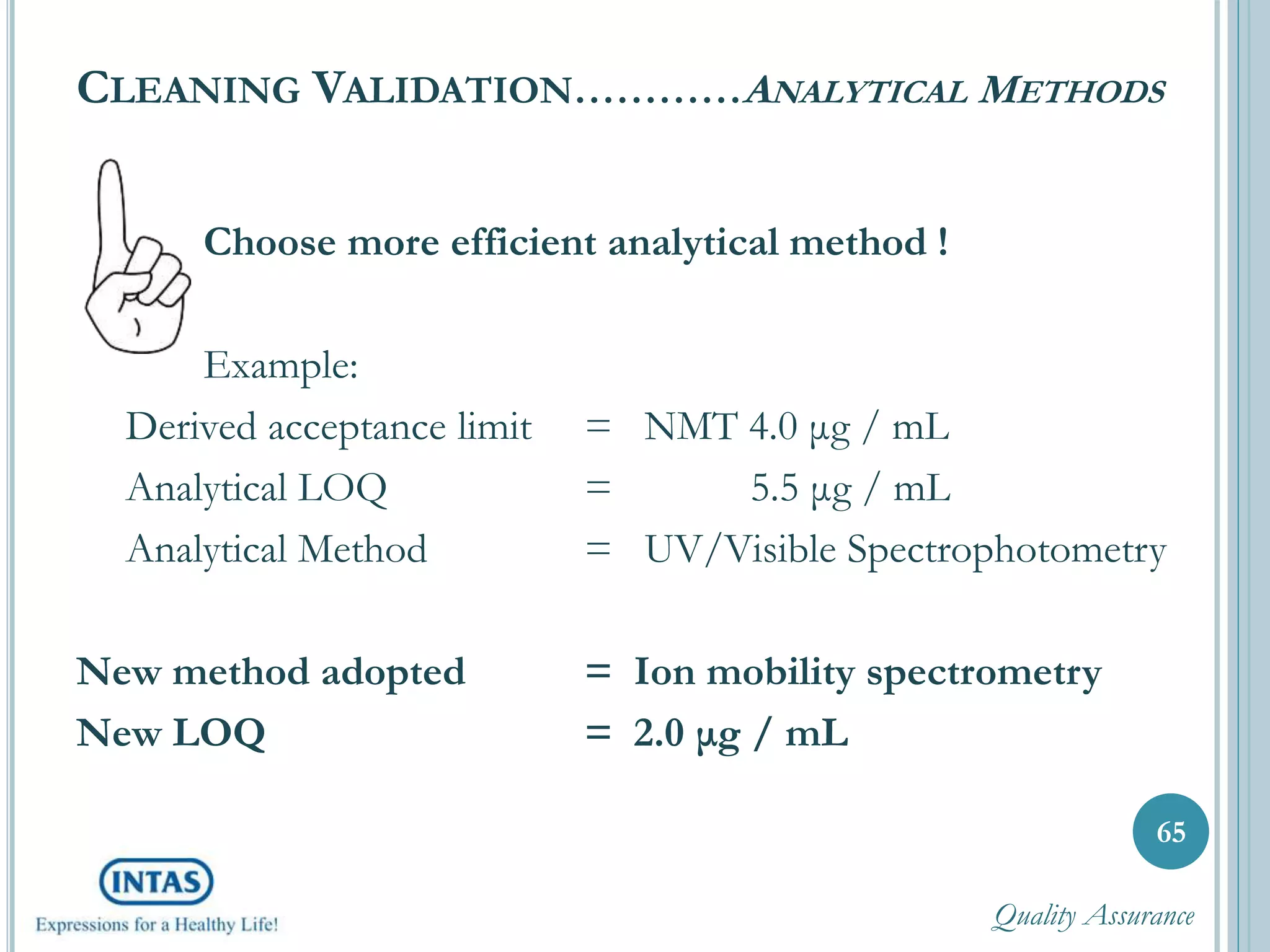 Choose more efficient analytical method !
Example:
Derived acceptance limit = NMT 4.0 μg / mL
Analytical LOQ = 5.5 μg / mL
Analytical Method = UV/Visible Spectrophotometry
New method adopted = Ion mobility spectrometry
New LOQ = 2.0 μg / mL
CLEANING VALIDATION…………ANALYTICAL METHODS
65
Quality Assurance
 