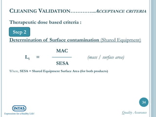 Therapeutic dose based criteria :
Determination of Surface contamination (Shared Equipment)
MAC
L1 = (mass / surface area)
SESA
Where, SESA = Shared Equipment Surface Area (for both products)
34
CLEANING VALIDATION…………...ACCEPTANCE CRITERIA
Step 2
Quality Assurance
 