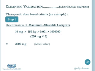 37
CLEANING VALIDATION…………...ACCEPTANCE CRITERIA
Step 1
Therapeutic dose based criteria (an example) :
Determination of Maximum Allowable Carryover
10 mg × 150 kg × 0.001 × 1000000
(250 mg × 3)
= 2000 mg (MAC value)
Quality Assurance
 