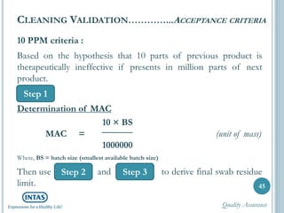 10 PPM criteria :
Based on the hypothesis that 10 parts of previous product is
therapeutically ineffective if presents in million parts of next
product.
Determination of MAC
10 × BS
MAC = (unit of mass)
1000000
Where, BS = batch size (smallest available batch size)
Then use and to derive final swab residue
limit. 45
CLEANING VALIDATION…………...ACCEPTANCE CRITERIA
Step 1
Step 3Step 2
Quality Assurance
 