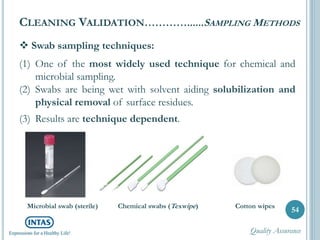  Swab sampling techniques:
(1) One of the most widely used technique for chemical and
microbial sampling.
(2) Swabs are being wet with solvent aiding solubilization and
physical removal of surface residues.
(3) Results are technique dependent.
CLEANING VALIDATION…………......SAMPLING METHODS
54
Microbial swab (sterile) Chemical swabs (Texwipe) Cotton wipes
Quality Assurance
 