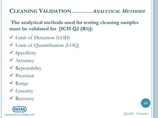 The analytical methods used for testing cleaning samples
must be validated for [ICH Q2 (R1)]:
 Limit of Detection (LOD)
 Limit of Quantification (LOQ)
 Specificity
 Accuracy
 Repeatability
 Precision
 Range
 Linearity
 Recovery
CLEANING VALIDATION…………ANALYTICAL METHODS
63
Quality Assurance
 