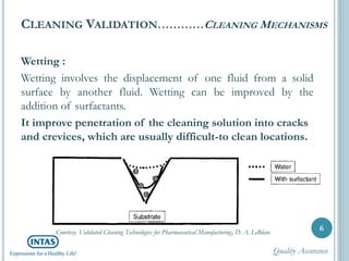 CLEANING VALIDATION…………CLEANING MECHANISMS
Wetting :
Wetting involves the displacement of one fluid from a solid
surface by another fluid. Wetting can be improved by the
addition of surfactants.
It improve penetration of the cleaning solution into cracks
and crevices, which are usually difficult-to clean locations.
6Courtesy: Validated Cleaning Technologies for Pharmaceutical Manufacturing, D. A. LeBlanc
Quality Assurance
 