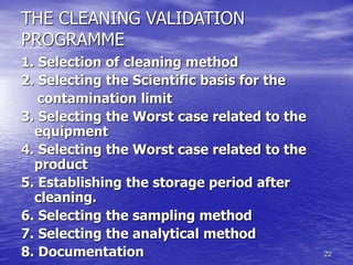 22
THE CLEANING VALIDATION
PROGRAMME
1. Selection of cleaning method
2. Selecting the Scientific basis for the
contamination limit
3. Selecting the Worst case related to the
equipment
4. Selecting the Worst case related to the
product
5. Establishing the storage period after
cleaning.
6. Selecting the sampling method
7. Selecting the analytical method
8. Documentation
 