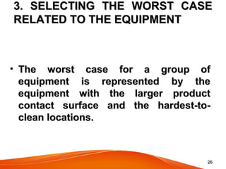 2626
3. SELECTING THE WORST CASE3. SELECTING THE WORST CASE
RELATED TO THE EQUIPMENTRELATED TO THE EQUIPMENT
• The worst case for a group ofThe worst case for a group of
equipment is represented by theequipment is represented by the
equipment with the larger productequipment with the larger product
contact surface and the hardest-to-contact surface and the hardest-to-
clean locations.clean locations.
 