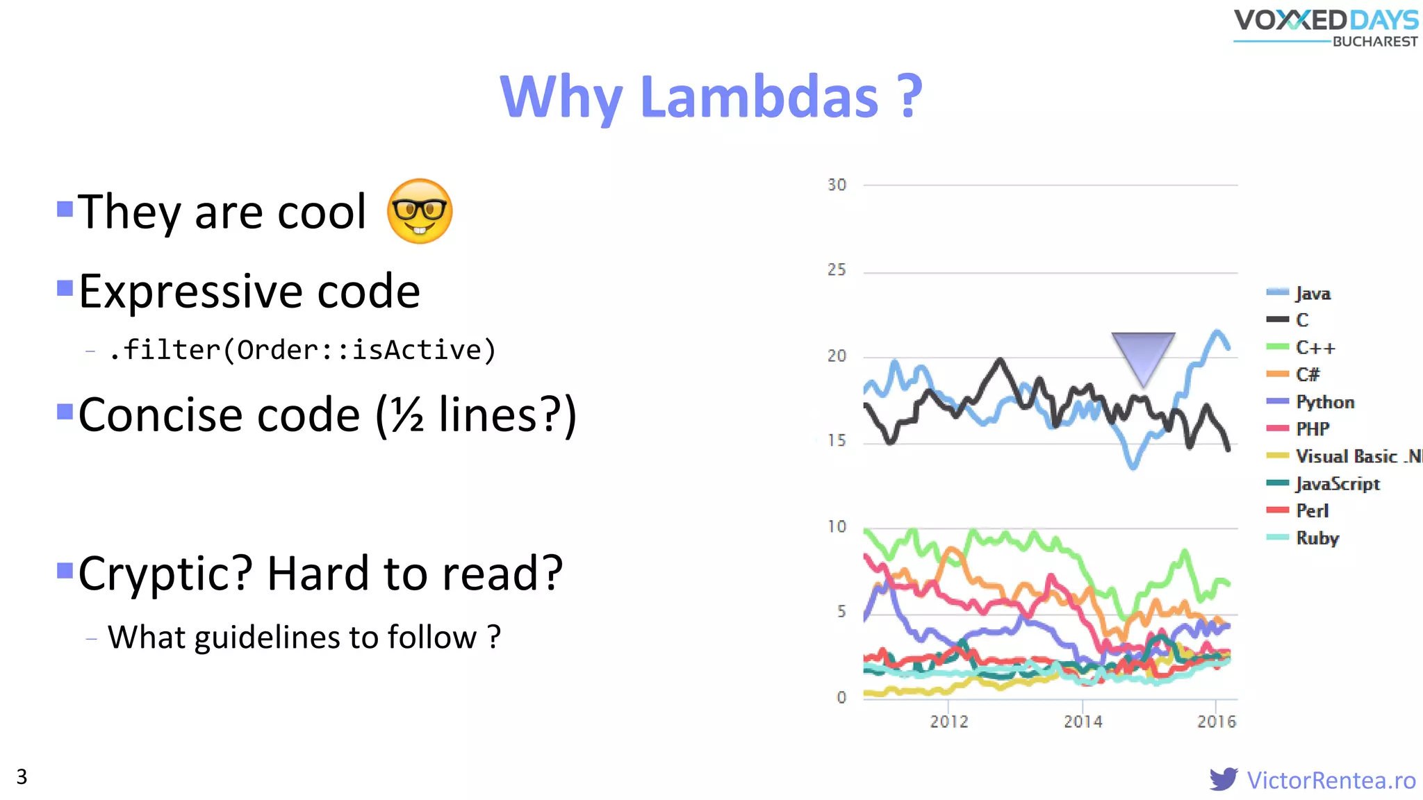 VictorRentea.ro
They are cool
Expressive code
- .filter(Order::isActive)
Concise code (½ lines?)
Cryptic? Hard to read?
- What guidelines to follow ?
Why Lambdas ?
3
 