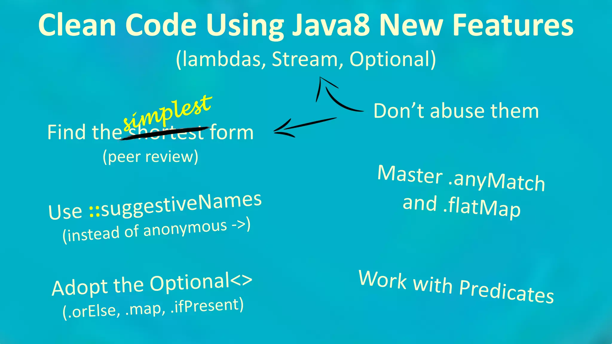 VictorRentea.ro64
Find the shortest form
(peer review)
Don’t abuse them
Clean Code Using Java8 New Features
(lambdas, Stream, Optional)
 