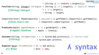 VictorRentea.ro
= (String s) -> {return s.length();};
Function<String, Integer> stringLen = (String s) -> s.length(); // implicit return
= s -> s.length();
= String :: length;
Comparator<User> fNameComparator = (u1,u2)-> u1.getFName().compareTo(u2.getFName());
= Comparator.comparing(User :: getFName);
Predicate<Apple> appleIsHeavy = a -> a.getWeight() > 150;
= Apple :: isHeavy;
Consumer<String> stringPrinter = s -> System.out.println(s); // returns void
= System.out::println;
Supplier<Wine> firstMiracle = () -> new Wine();
= Wine :: new;
𝒇 𝑺𝒕𝒓𝒊𝒏𝒈 : 𝑰𝒏𝒕𝒆𝒈𝒆𝒓
𝒇 𝑼𝒔𝒆𝒓, 𝑼𝒔𝒆𝒓 : 𝒊𝒏𝒕
𝒇 𝑨𝒑𝒑𝒍𝒆 : 𝒃𝒐𝒐𝒍𝒆𝒂𝒏
𝒇 𝑺𝒕𝒓𝒊𝒏𝒈
𝒇(): 𝑾𝒊𝒏𝒆 ʎ syntax
33
 