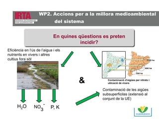 WP2. Accions per a la millora medioambiental
del sistema

En quines qüestions es preten
incidir?
Eficiència en l’ús de l’aigua i els
nutrients en vivers i altres
cultius fora sòl

1700 ha

600 ha

250 ha

&

Contaminació d’aigües per nitrats i
ubicació de vivers

Contaminació de les aigües
subsuperficilas (extensió al
conjunt de la UE)

H2O

NO

3

P, K

 