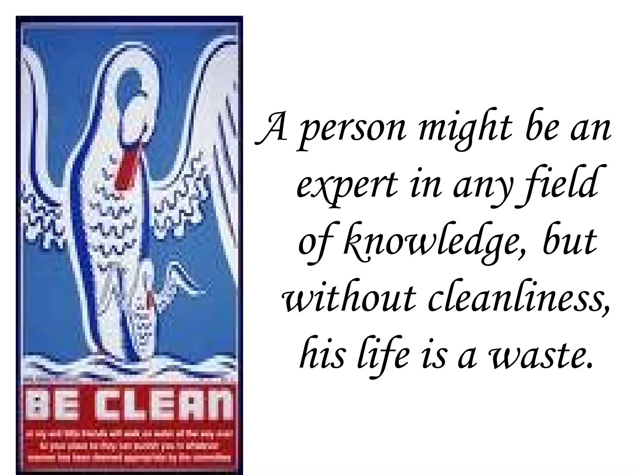 A person might be an
expert in any field
of knowledge, but
without cleanliness,
his life is a waste.