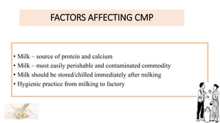 FACTORS AFFECTING CMP
• Milk – source of protein and calcium
• Milk – most easily perishable and contaminated commodity
• Milk should be stored/chilled immediately after milking
• Hygienic practice from milking to factory
 