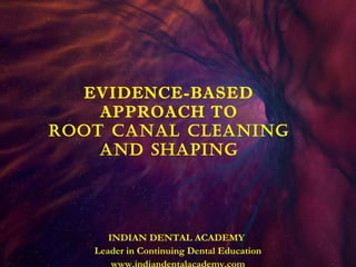 EVIDENCE-BASED
    APPROACH TO
ROOT CANAL CLEANING
    AND SHAPING




      INDIAN DENTAL ACADEMY
   Leader in Continuing Dental Education
    www.indiandentalacademy.com
       www.indiandentalacademy.com
 