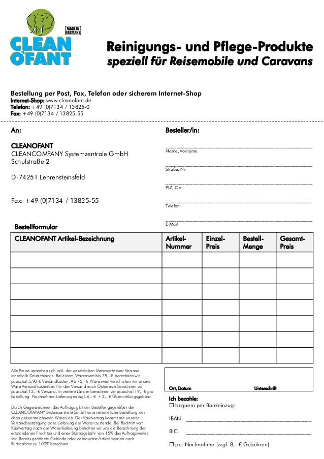 CLEANOFANT Katalog 2014 mit Bestellformular Wohnwagen ...
