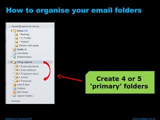 How to organise your email folders
Create 4 or 5
‘primary’ folders
Solutions for Success 2014 www.emailtiger.com.au
1 External/clients
2 Internal/team
3 Projects/output
4 Admin
5 Personal
 