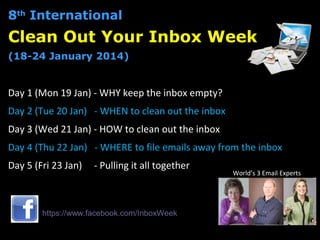 Day 1 (Mon 19 Jan) - WHY keep the inbox empty?
Day 2 (Tue 20 Jan) - WHEN to clean out the inbox
Day 3 (Wed 21 Jan) - HOW to clean out the inbox
Day 4 (Thu 22 Jan) - WHERE to file emails away from the inbox
Day 5 (Fri 23 Jan) - Pulling it all together
https://www.facebook.com/InboxWeek
World’s 3 Email Experts
8th
International
Clean Out Your Inbox Week
(18-24 January 2014)
 