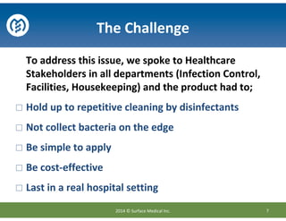 The Challenge
To address this issue, we spoke to Healthcare
Stakeholders in all departments (Infection Control,
Facilities, Housekeeping) and the product had to;
Hold up to repetitive cleaning by disinfectants
Not collect bacteria on the edge
Be simple to apply
Be cost-effective
Last in a real hospital setting
72014 © Surface Medical Inc.
 