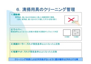 ６．清掃用具のクリーニング管理
     清掃用具のクリーニング管理
１）掃除機：
  掃除機：
  使用後、吸い込み口を純水に浸した清掃用具で清掃。
   （目的：使用後、吸い込み口に付着したダストを取り除く）




２）ワイパー：
  ワイパー：
限度基準以上になったら交換ＯＫ限度/NG限度サンプルにて判定

                                 ＯＫ限度   ＮＧ限度




３）両面ローラー：汚れが限度基準以上になったら交換
  両面ローラー：
    ローラー


４）粘着マット：汚れが限度基準以上になったら交換
  粘着マット：
    マット

                                               11
  クリーニング用具による 汚染がないように置き場所もCR外とする事
  クリーニング用具によるCR汚染がないように置 場所も 外とする事
        用具による 汚染がないように
 