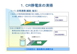 １．ＣＲ静電床の清掃
        ．ＣＲ静電床の
           静電床
１－１：日常清掃（頻度：毎日）
    日常清掃（頻度：毎日）
①初めにCR専用真空掃除機で床に堆積したダストを吸引する、
 その際、掃除は一方向で行いダストを飛散させない。
                                目的：
                                ダストを吸引




②次にCR専用ワイパーによる一方向水拭きを実施（純水使用）
 専用拭き取り用具を純水に浸し良く絞ってから清掃面を拭く
                                目的：
 良く絞らないと水分が残り、滑りやすくなる。
                                汚れを拭き取る
       純水       CR用ワイパー




            一方向拭きは一番効果的な
            一方向拭きは一番効果的な清掃方法
                きは一番効果的                   2
 