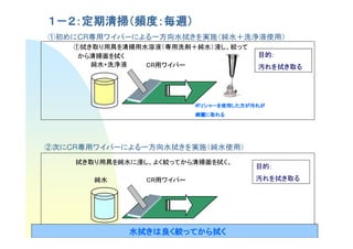 １－２：定期清掃（頻度：毎週）
    定期清掃（頻度：毎週）
①初めにCR専用ワイパーによる一方向水拭きを実施（純水＋洗浄液使用）
    ①拭き取り用具を清掃用水溶液（専用洗剤＋純水）浸し、絞って
     から清掃面を拭く                          目的：
       純水+洗浄液   CR用ワイパー                汚れを拭き取る




                          ポリシャーを使用した方
                          ポリシャーを使用した方が汚れが
                                  した
                          綺麗に
                          綺麗に取れる




②次にCR専用ワイパーによる一方向水拭きを実施（純水使用）
    拭き取り用具を純水に浸し、よく絞ってから清掃面を拭く。
                                       目的：

       純水       CR用ワイパー                汚れを拭き取る




                                                 3
             水拭きは良
             水拭きは良く絞ってから拭く
               きは   ってから拭
 