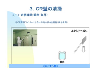 ３．ＣＲ壁の清掃
         ．ＣＲ壁
３－１：定期清掃（頻度：毎月）
    定期清掃（頻度：毎月）

 ①CR専用ワイパーによる一方向水拭きを実施（純水使用）


                               上から下へ拭く。
                                から下




                         純水
                                          5
               上から下へ拭く
                から下
 
