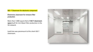 ISO -7 Cleanroom for electronic component
0,000 cleanroom / ISO 7
Electronics cleanroom for mmwave filter
production
More than 7,000 square feet of ISO 7 cleanroom
space built for mm Wave Filter production in the
5G network.
Lead time was paramount to this client ISO 7
cleanroom.
 