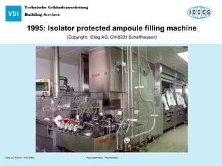 Technische Gebäudeausrüstung
Building Services
Name / 18.03.2004 Raumautomation - RaumfunktionSeite 13 /
1995: Isolator protected ampoule filling machine
(Copyright: Cilag AG, CH-8201 Schaffhausen)
 