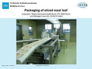 Technische Gebäudeausrüstung
Building Services
Name / 18.03.2004 Raumautomation - RaumfunktionSeite 17 /
Packaging of sliced meat loaf
(Copyright: Migros Genossenschafts-Bund, CH- 8005 Zürich
and Zellweger Luwa AG, CH-8610 Uster)
 