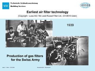 Technische Gebäudeausrüstung
Building Services
Name / 18.03.2004 Raumautomation - RaumfunktionSeite 3 /
Earliest air filter technology
(Copyright: Luwa AG / Mc Leod Russel Filter Ltd., CH-8610 Uster)
1939
Production of gas filters
for the Swiss Army
 