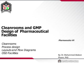 Cleanrooms and GMP
Design of Pharmaceutical
Facilities
Cleanrooms
Process design
Layoutsand Flow Diagrams
OSD Facilities
By: Dr. Mohammed Abdeen
Pharm. PhD
Pharmaceutics VII
 