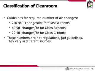Classification of Cleanroom
16
• Guidelines for required number of air changes:
• 240-480 changes/hr for Class A rooms
• 60-90 changes/hr for Class B rooms
• 20-40 changes/hr for Class C rooms
• These numbers are not regulations, just guidelines.
They vary in different sources.
 