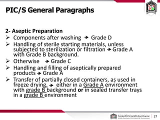 PIC/S General Paragraphs
21
2- Aseptic Preparation
 Components after washing Grade D
 Handling of sterile starting materials, unless
subjected to sterilization or filtration Grade A
with Grade B background.
 Otherwise Grade C
 Handling and filling of aseptically prepared
products Grade A
 Transfer of partially closed containers, as used in
freeze drying, either in a Grade A environment
with grade B background or in sealed transfer trays
in a grade B environment
 