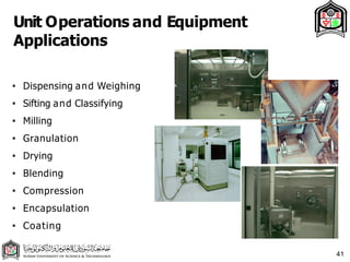Unit Operations and Equipment
Applications
41
• Dispensing and Weighing
• Sifting and Classifying
• Milling
• Granulation
• Drying
• Blending
• Compression
• Encapsulation
• Coating
 