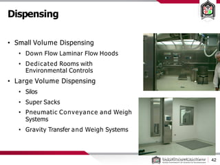 Dispensing
• Small Volume Dispensing
• Down Flow Laminar Flow Hoods
• Dedicated Rooms with
Environmental Controls
• Large Volume Dispensing
• Silos
• Super Sacks
• Pneumatic Conveyance and Weigh
Systems
• Gravity Transfer and Weigh Systems
42
 