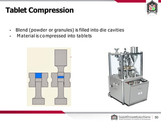Tablet Compression
• Blend (powder or granules) is filled into die cavities
• Material is co mpressed into tablets
50
 
