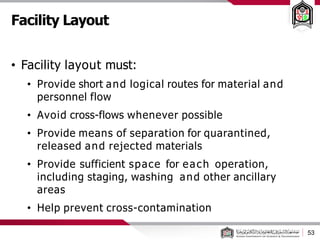 Facility Layout
53
• Facility layout must:
• Provide short and logical routes for material and
personnel flow
• Avoid cross-flows whenever possible
• Provide means of separation for quarantined,
released and rejected materials
• Provide sufficient space for each operation,
including staging, washing and other ancillary
areas
• Help prevent cross-contamination
 