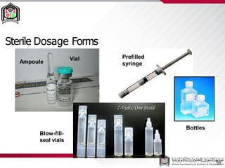 Sterile Dosage Forms
55
Ampoule
Vial Prefilled
syringe
Blow-fill-
seal vials
Bottles
 