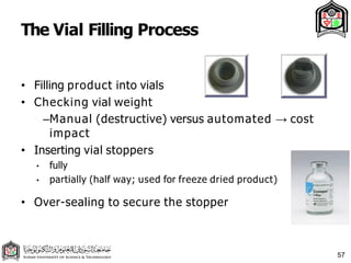 • Filling product into vials
• Checking vial weight
–Manual (destructive) versus automated → cost
impact
• Inserting vial stoppers
• fully
• partially (half way; used for freeze dried product)
• Over-sealing to secure the stopper
The Vial Filling Process
57
 