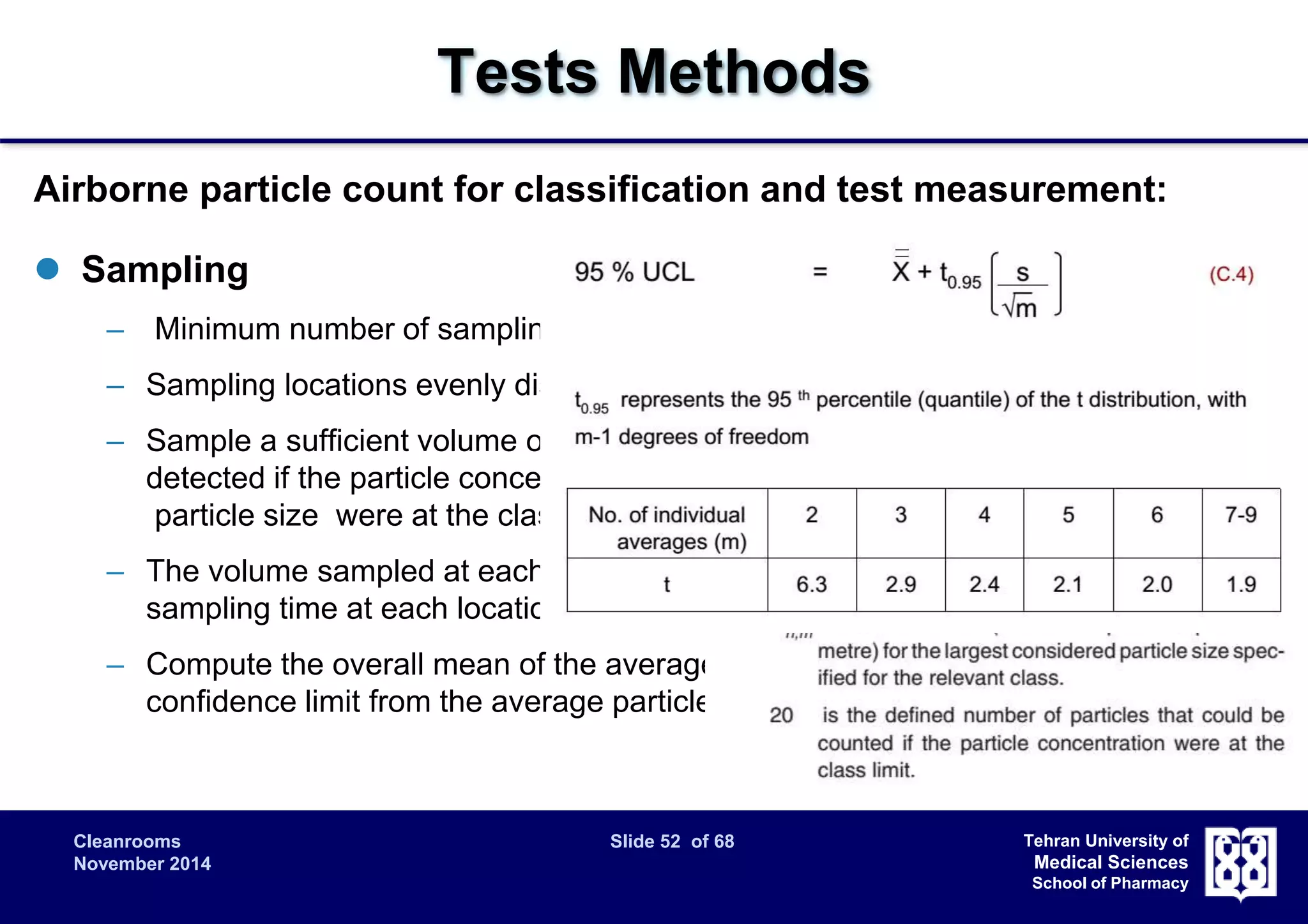 Tests Methods 
Airborne particle count for classification and test measurement: 
Cleanrooms Slide 52 of 68 
November 2014 
Tehran University of 
Medical Sciences 
School of Pharmacy 
 Sampling 
– Minimum number of sampling point locations: 
– Sampling locations evenly distributed, at the height of the work activity. 
– Sample a sufficient volume of air that a minimum of 20 particles would be 
detected if the particle concentration for the largest considered 
particle size were at the class limit for the designated ISO class. 
– The volume sampled at each location shall be at least 2 litres, with a minimum 
sampling time at each location of 1 min. 
– Compute the overall mean of the averages, standard deviation, and 95% upper 
confidence limit from the average particle concentrations for all locations. 
 