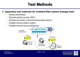 Cleanrooms Slide 61 of 68 
November 2014 
Tehran University of 
Medical Sciences 
School of Pharmacy 
Test Methods 
 Apparatus and materials for installed filter system leakage tests 
– Aerosol photometer 
– Discrete-particle counter (DPC) 
– Suitable pneumatic or thermal aerosol generator(s) 
– Suitable aerosol dilution system. 
– Suitable aerosol source substances 
 