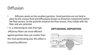 Diffusion
• Diffusion works on the smallest particles. Small particles are not held in
place by the viscous fluid and diffuse(also known as Brownian movement) within
the flow stream. As the particles traverse the flow stream, they collide with the
fiber and are collected.
• It is interesting to note that high
efficiency filters are more efficient
against particles than are smaller than
the most penetrating size; this effect is
Caused by diffusion.
 
