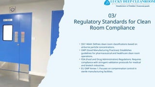 03/
Regulatory Standards for Clean
Room Compliance
• ISO 14644: Defines clean room classifications based on
airborne particle concentrations.
• GMP (Good Manufacturing Practices): Establishes
guidelines for pharmaceutical and healthcare clean room
operations.
• FDA (Food and Drug Administration) Regulations: Requires
compliance with stringent validation protocols for medical
and biotech industries.
• EU GMP Annex 1: Focuses on contamination control in
sterile manufacturing facilities.
 